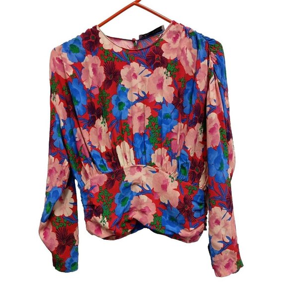Zara Tops - Zara Womens Blouse XS Red Blue Floral Drape Long Sleeve Crew Neck Pullover Top